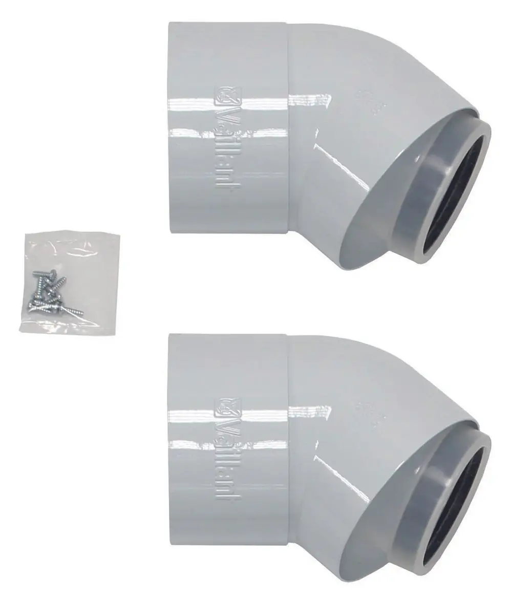 Zwei graue PVC-Ellenbogen mit einer Ausführung von Vaillant zur Luft-/Abgasführung. Neben den Bögen eine Tüte mit Schrauben.